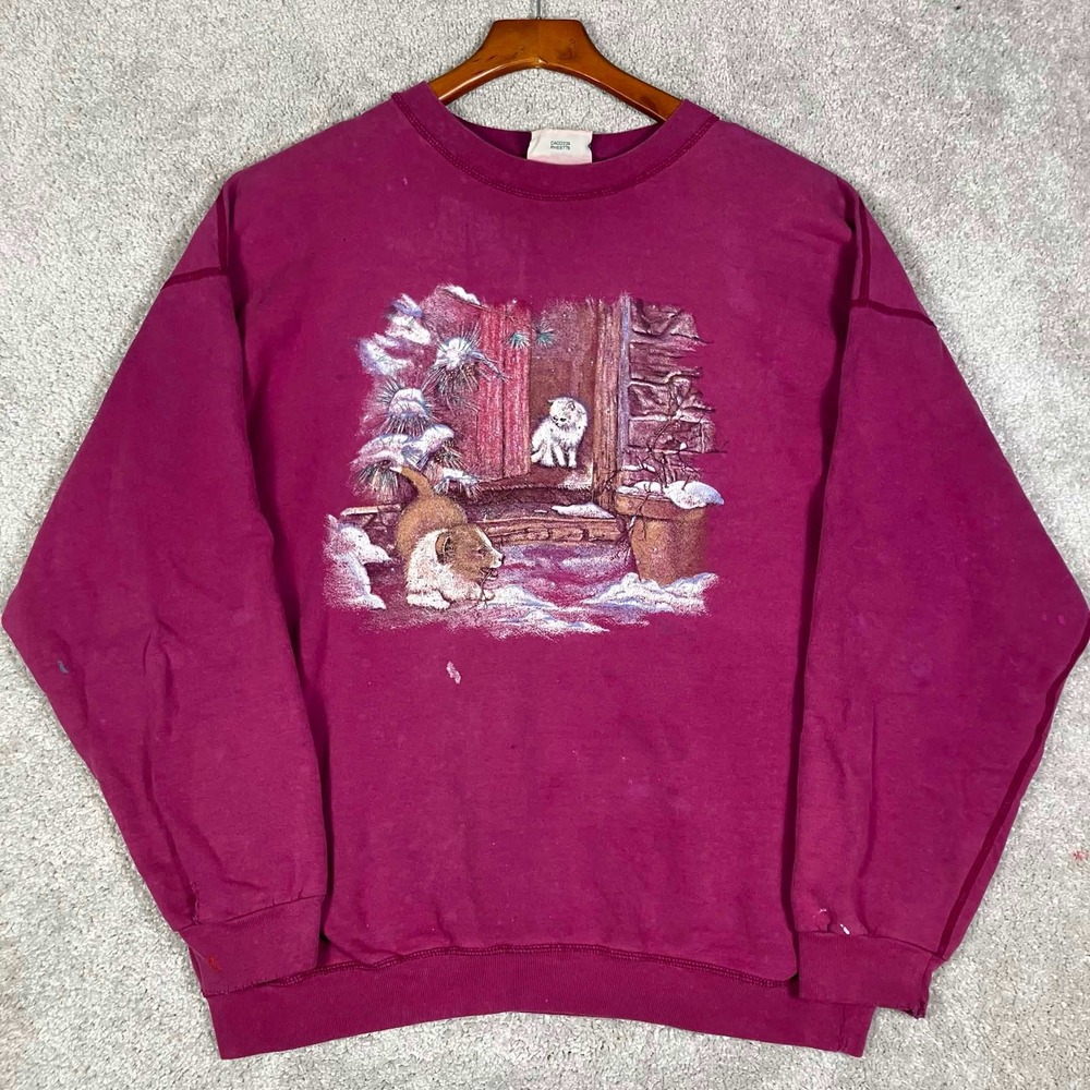 Vintage Paint Splatter Sweatshirt Women Pink Graphic Cat Dog Winter Distressed